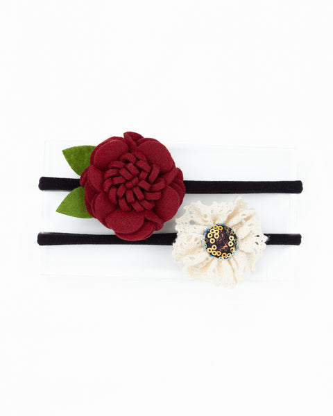 Felt & Lace Flower Baby Headband Set- Maroon & White