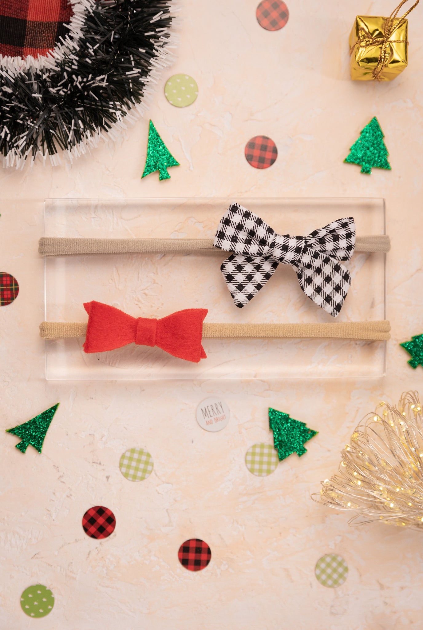 Checkered Sailor Bow & Felt Bow Newborn Headband Set- Red