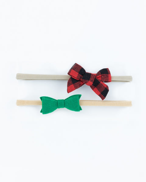 Checkered Sailor Bow & Felt Bow Newborn Headband Set- Red & Green