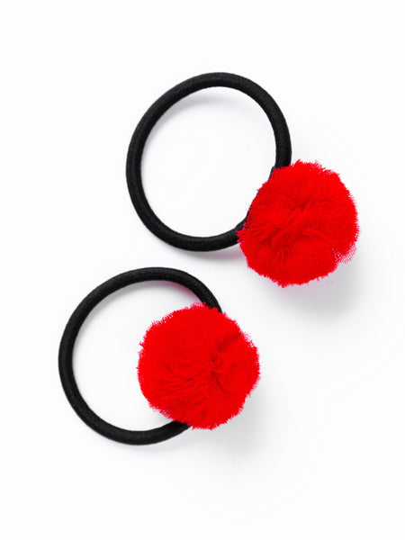 Mini Pom Pom Hair-Tie Set - Red