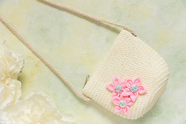 Kids Straw Sling Bag - Off-white with Light Pink Flowers