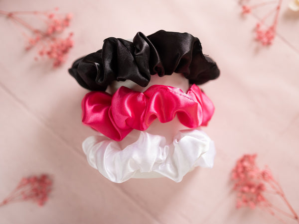 Satin Silk Scrunchies Set - Black, Pink & White