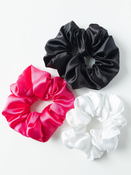 Satin Silk Scrunchies Set - Black, Pink & White