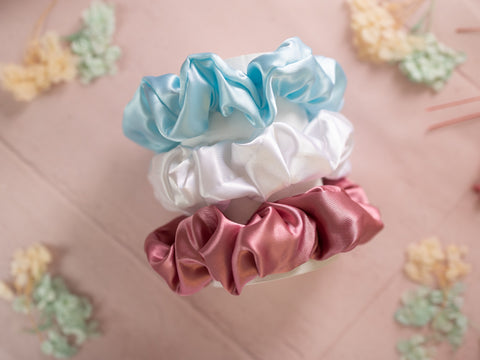 Satin Silk Scrunchies Set - Light Blue, White & Pink