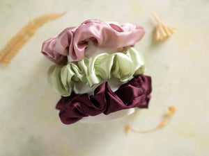 Satin Silk Scrunchies Set - Pink, Light Green & Purple