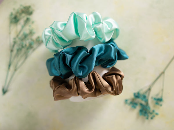 Satin Silk Scrunchies Set - Sea Green, Teal & Brown