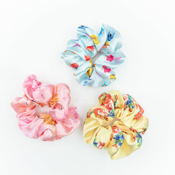 Floral Satin Silk Scrunchies Set - Light Blue, Light Pink & Golden
